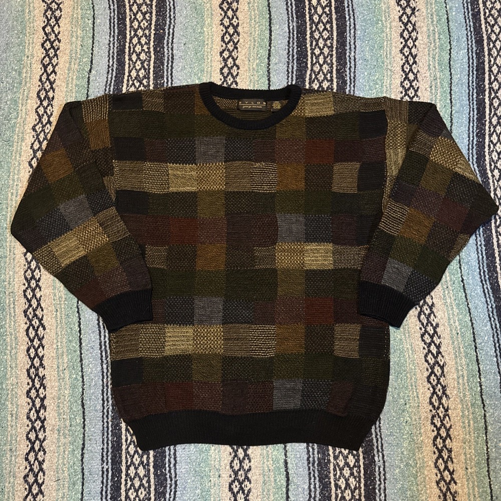 Vintage 90s Zylos George Machado Knit Sweater Mens L Dad Grandpa Block Pattern